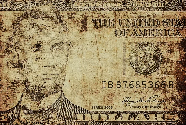 アブラハムの図古いグランジ肖像リンカーン、5 ドル札 — ストック写真