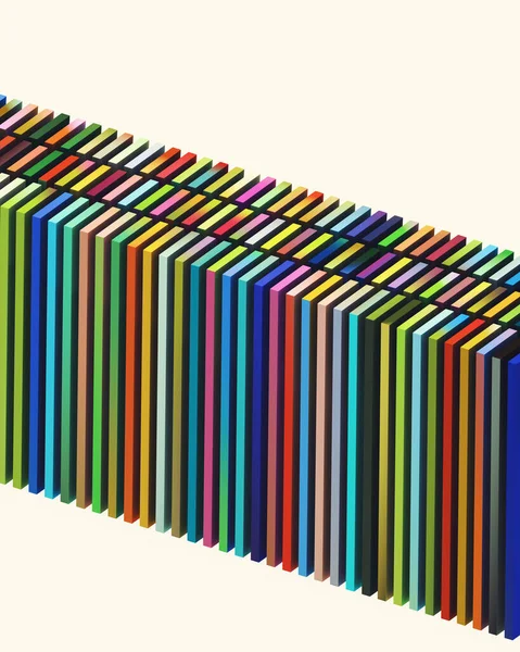 Parlak beyaz bir arkaplan üzerinde sıra sıra dizilmiş çok renkli bloklar veya dikdörtgenlerden oluşan soyut bir dizi