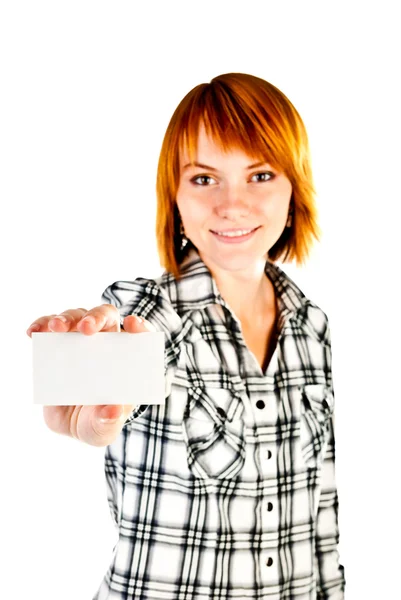 Woman holding empty card — Stock Photo, Image