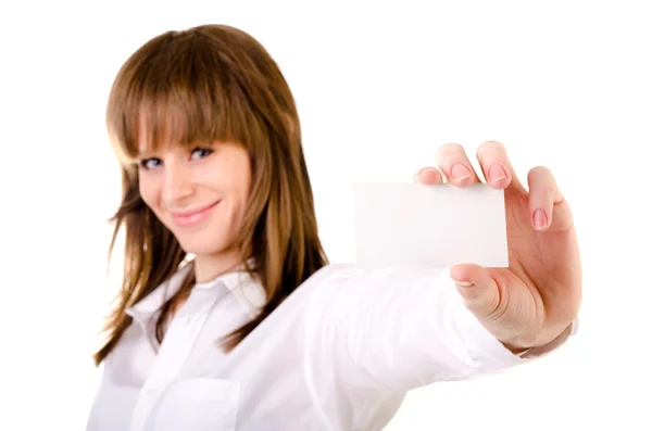 Woman holding empty card Stock Photo