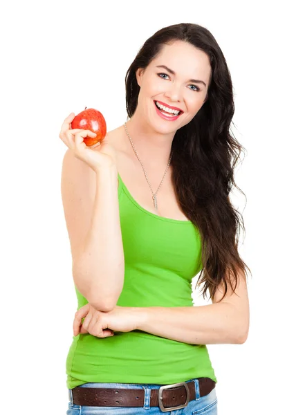 Healthy fit smiling woman holding apple — Stock Photo, Image