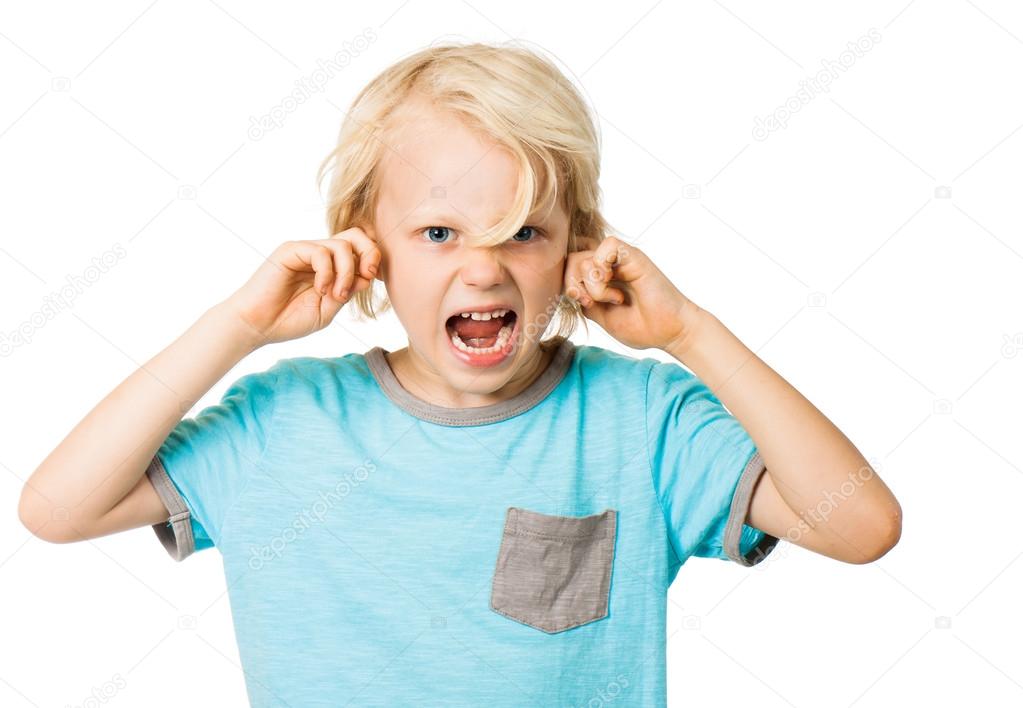 Boy screaming and blocking ears