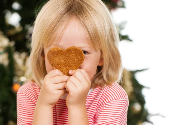 Boy peeking behind gingerbread cookie — Stock Photo, Image