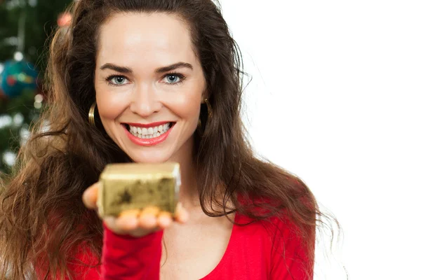 Hermosa mujer sosteniendo el regalo de Navidad — Foto de Stock