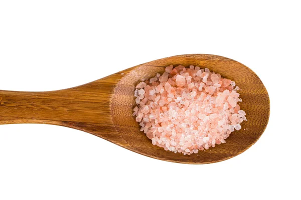Różowy soli kamiennej na drewnianą łyżką Obrazek Stockowy