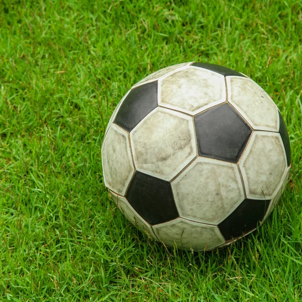 Green grass soccer field with ball — Stock Photo, Image