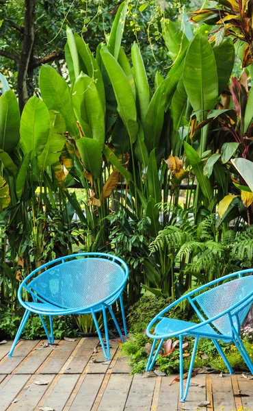 Blå stol i trädgården — Stockfoto