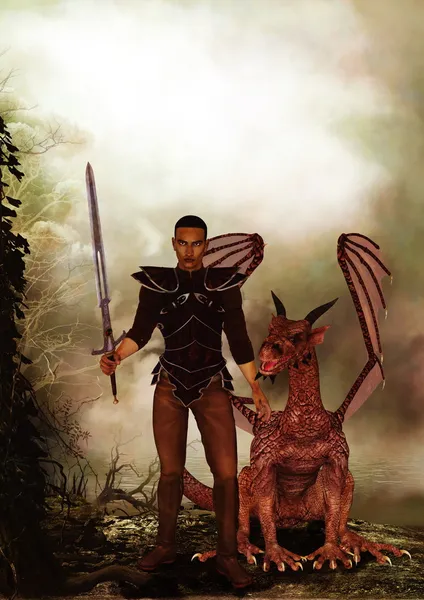 Ilustración de fantasía sobre un guerrero y su dragón — Foto de Stock