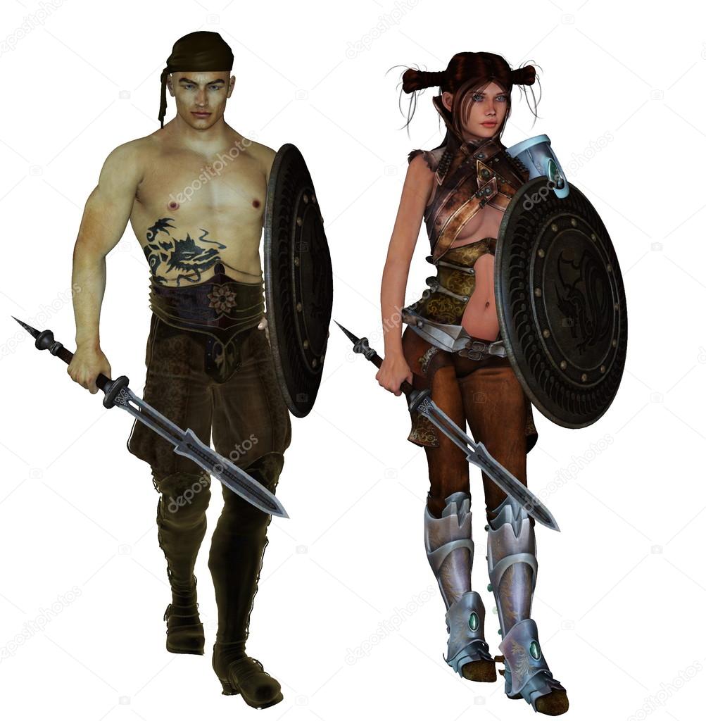 Isolated male and female warriors