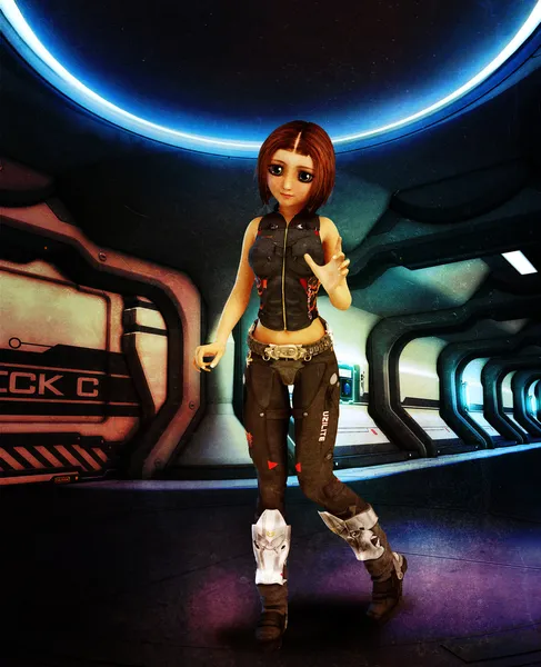 Futuristische soldaat meisje op neon corridor — Stockfoto