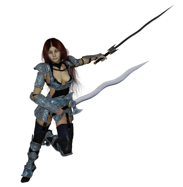 Brunette warrior dual zwaaiende zwaarden in intimiderend pose — Stockfoto