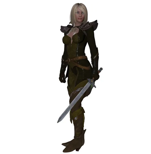 Blonde fantasy female warrior wielding a longsword — Stock Photo, Image