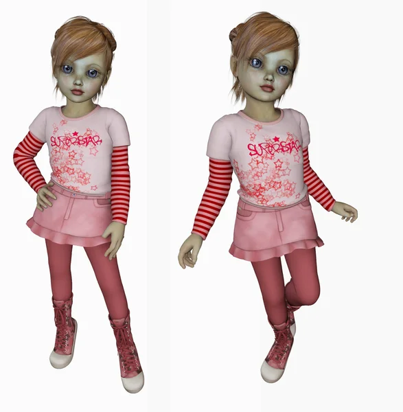 3D render küçük kız manken gibi poz şirin pembe kıyafeti — Stok fotoğraf