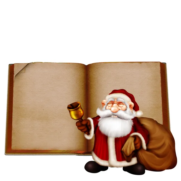Christmas gratulationskort med vänliga jultomten på öppen bok bakgrund — Stockfoto