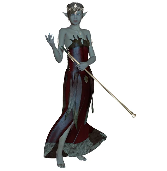 Petite forest lady with pointy ears and staff — Stock Photo, Image