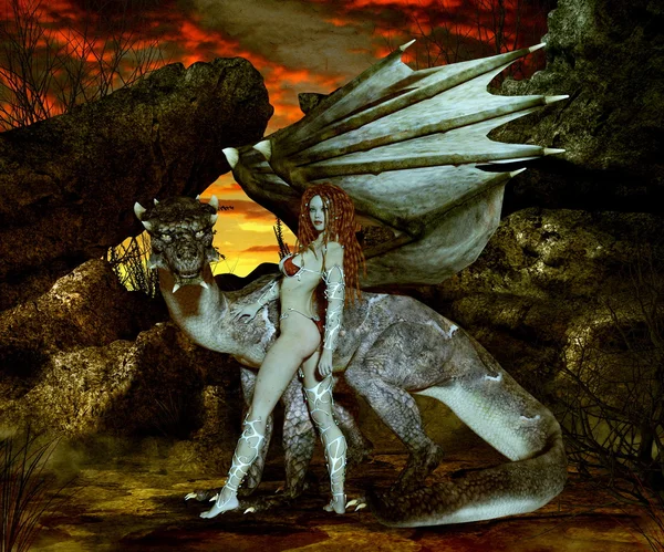 Lithe bellezza in piedi accanto al suo drago di fronte a sfondo fantasia — Foto Stock
