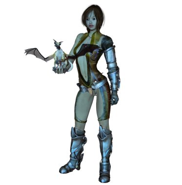 Fantazi kadın okşayarak onun sevimli hayvan ejderha plaka zırh