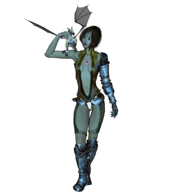 Fantazi kadın okşayarak onun sevimli hayvan ejderha plaka zırh