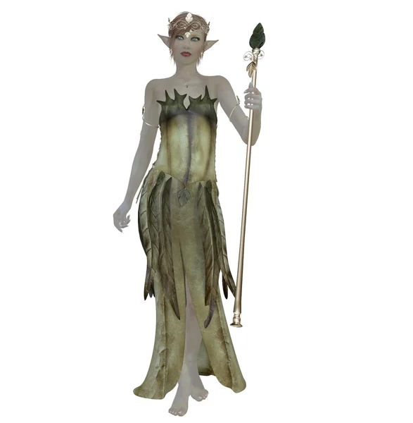 Petite forest lady with pointy ears and staff — Stock Photo, Image