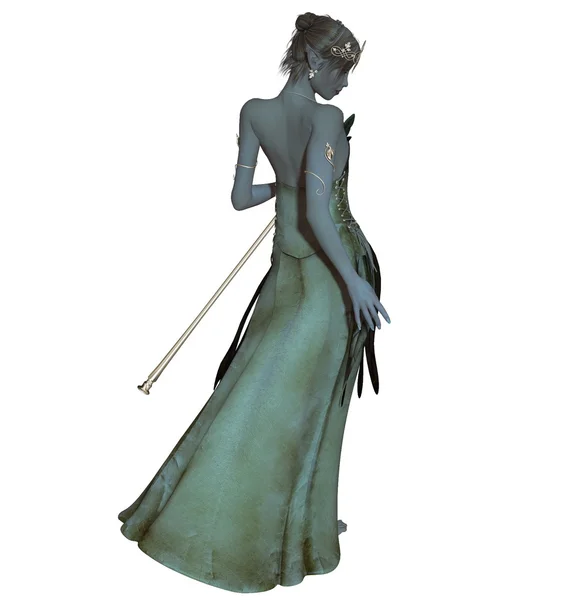Petite forest lady with pointy ears and staff — Stock Photo, Image