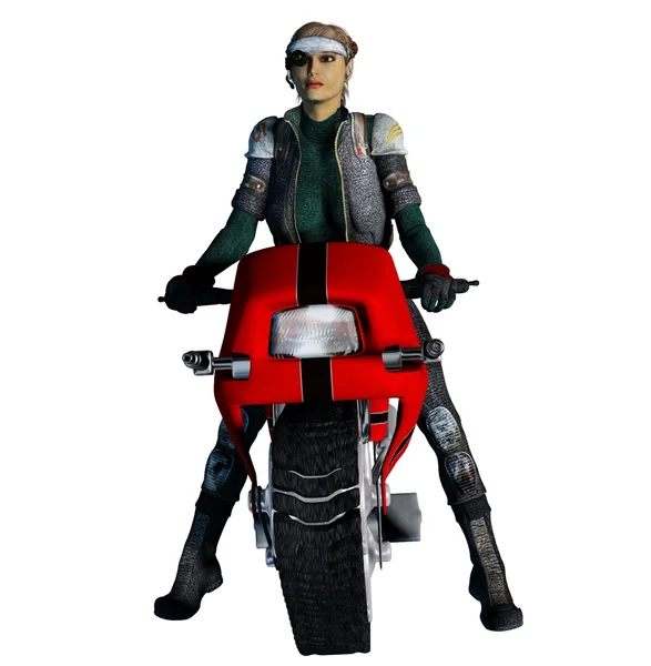 Menina em uma motocicleta sobre esteiras com uma arma — Fotografia de Stock