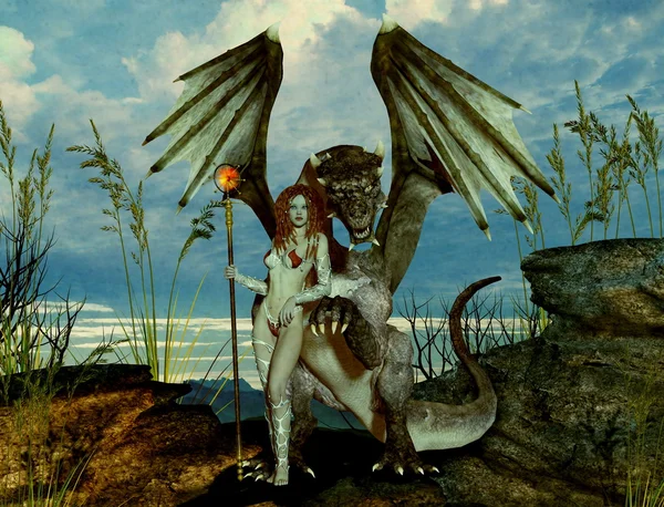 Красавица Лиз, стоящая рядом со своим драгоном на фоне фантазии — стоковое фото