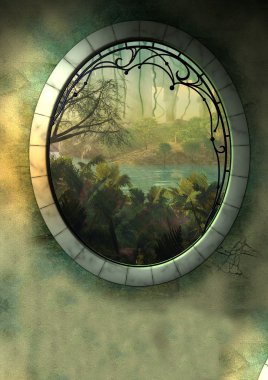 Drawn fantasy landscape with frame clipart