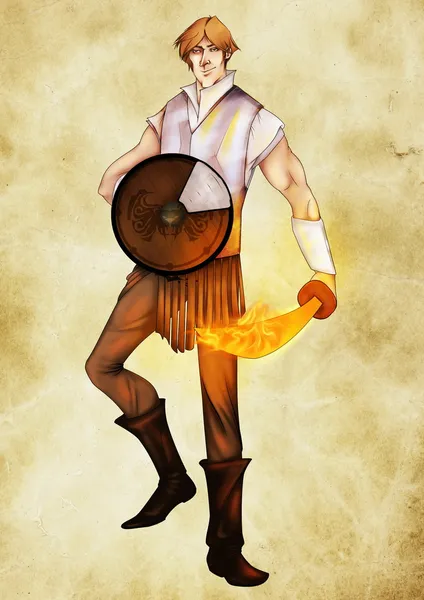 Young warrior with his shield and flaming sword, colored — Stock Photo, Image