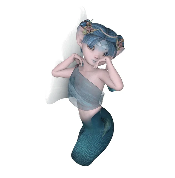 蓝头发 manga 美人鱼可爱的姿势 — 图库照片