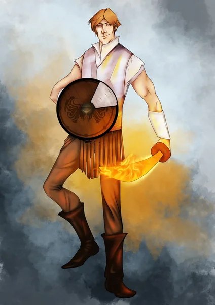 Young warrior with his shield and flaming sword, colored — Stock Photo, Image