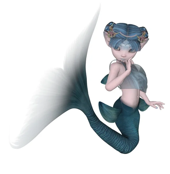 蓝头发 manga 美人鱼可爱的姿势 — 图库照片