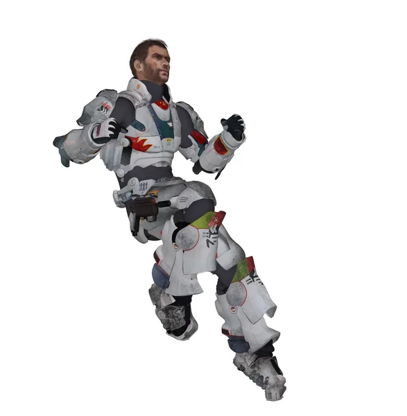 Futuristic soldier in power armor jumping — Stock Photo, Image