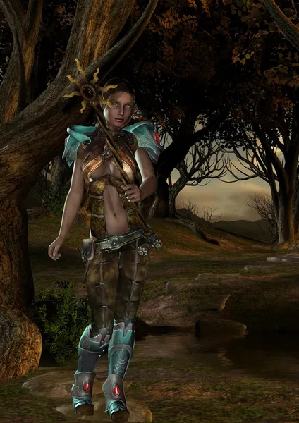 3D фэнтези-женщина в лесной сцене — стоковое фото