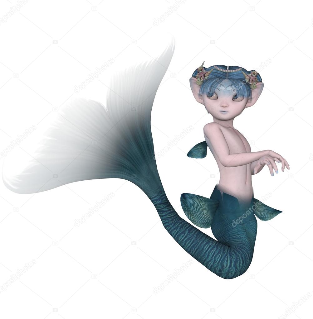 Blue-haired manga mermaid in cute pose