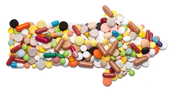 Pfeilschild aus Pillen, Kapseln und Tabletten Stockfoto
