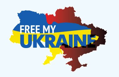 Ukrayna 'nın kanlı savaş bölgesi haritası ve Ukrayna' ya Özgürlük sloganıyla Ukrayna bayrağı. Uluslararası protesto posteri. Banner, Rusya 'nın Ukrayna' ya karşı açtığı savaşı durdurmak için arıyor. Şeffaflık olmadan vektör eps8 illüstrasyonu.