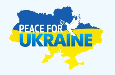 Ukrayna için Güvercin ve Barış sloganlı Ukrayna ulusal bayrağı. Banner, Rusya 'nın Ukrayna' ya karşı açtığı savaşı durdurmak için arıyor. Uluslararası protesto posteri. Şeffaflık olmadan vektör eps8 illüstrasyonu.