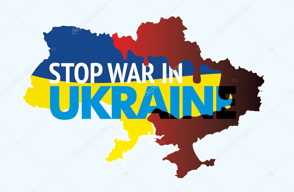 Map of Ukraine with bloody war zone and ukrainian national flag with Stop War in Ukraine slogan. International protest poster. Banner calling to stop the war of russia against Ukraine. Vector eps8 illustration without transparency.
