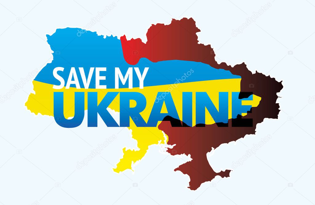 Map of Ukraine with bloody war zone and ukrainian national flag with Save My Ukraine slogan. Banner calling to stop the war of russia against Ukraine. International protest poster. Vector eps8 illustration without transparency.