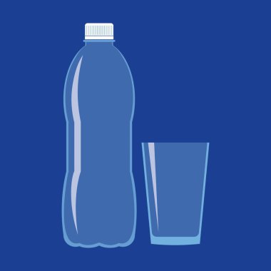 Empty transparent plastic bottle and clear unfilled glass. Flat icon isolated on blue background. Stylized vector eps10 illustration with transparency.