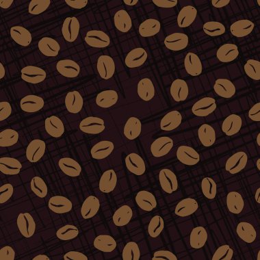 Coffee beans seamless pattern. Seeds of coffee randomly placed on brown scratched background. Wrapping repeating texture. Hand drawn vector eps8 illustration.