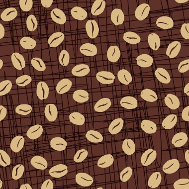 Coffee beans seamless pattern. Seeds of coffee randomly placed on brown scratched background. Wrapping repeating texture. Hand drawn vector eps8 illustration.