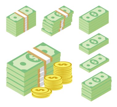Set of dollar banknotes bundles and stacks of gold coins. Stylized money icons isolated on white. Piles of cash. Flat isometric vector eps10 illustration.