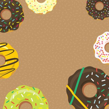 Colorful donuts around beige blank space. Sweet icing doughnuts in the glaze with colorful sprinkle topping. Flat style background for poster or menu design. Top view vector eps10 illustration.