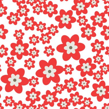 Basit, düz, pürüzsüz desen. Beyaz arka plana rastgele yerleştirilmiş renkli çiçekler. Çiçek dokusunu saran soyut stilize çiçekleri. Vektör eps8 illüstrasyonu.