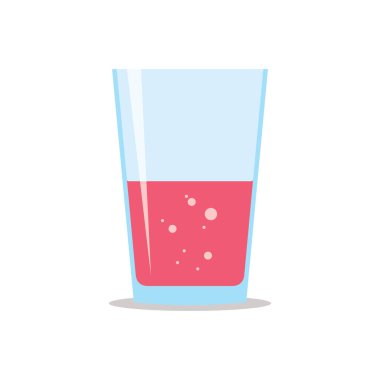Glass half filled of fresh sparkling raspberry juice. Flat icon isolated on white background. Crimson liquid in transparent container. Stylized vector eps10 illustration with transparency.