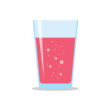 Glass three quarters filled of fresh sparkling raspberry juice. Flat icon isolated on white background. Crimson liquid in transparent container. Stylized vector eps10 illustration with transparency.