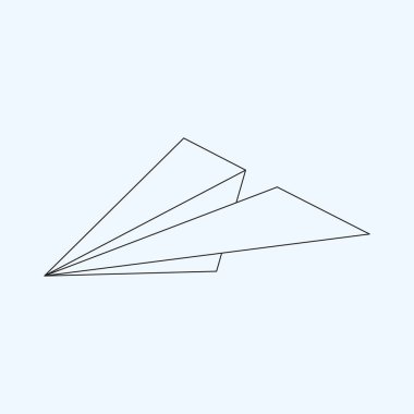 Paper plane flat line icon isolated on light blue background. Contour symbol of a papercraft origami airplane. Vector eps8 linear illustration.