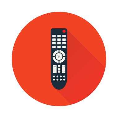 Televizyon veya medya merkezi için uzaktan kumanda. Daire şeklinin içinde uzun gölgeli düz bir simge. Kızılötesi kontrol sembolü. Vektör eps8 illüstrasyonu.