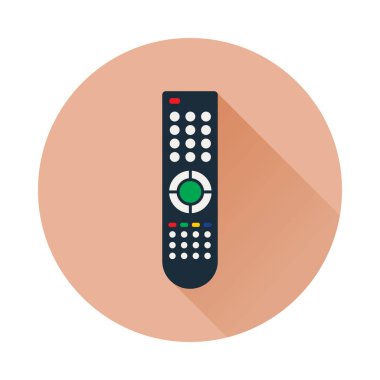 Televizyon veya medya merkezi için uzaktan kumanda. Daire şeklinin içinde uzun gölgeli düz bir simge. Kızılötesi kontrol sembolü. Vektör eps8 illüstrasyonu.